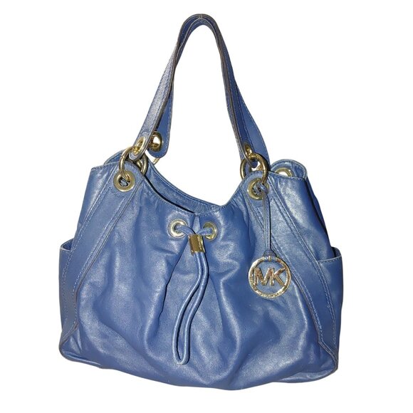 Michael Kors Ludlow Handbag Blue Soft Leather Tote Purse Gold Drawstring Details - Picture 11 of 14